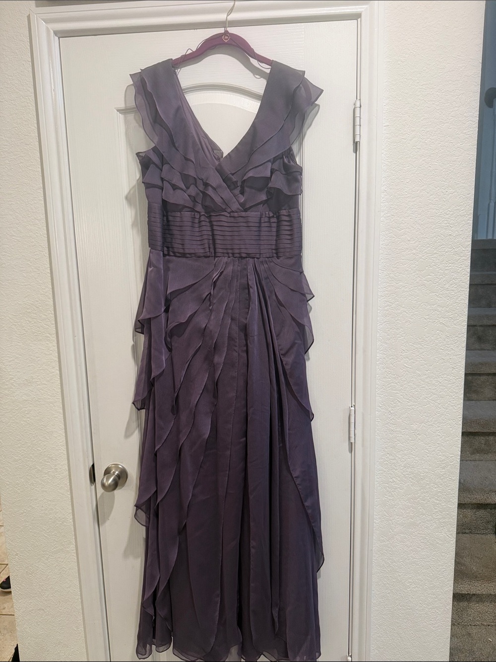 Adrianna Papell Plum Ruffle V-Neck Maxi Dress